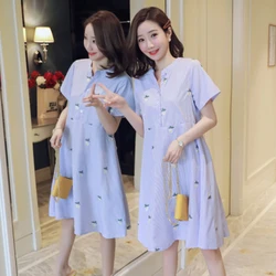 Women Maternity Dresses Pregnancy Dress Summer Fashion Striped Embroidered Plus Size Breastfeeding Dress Clothes