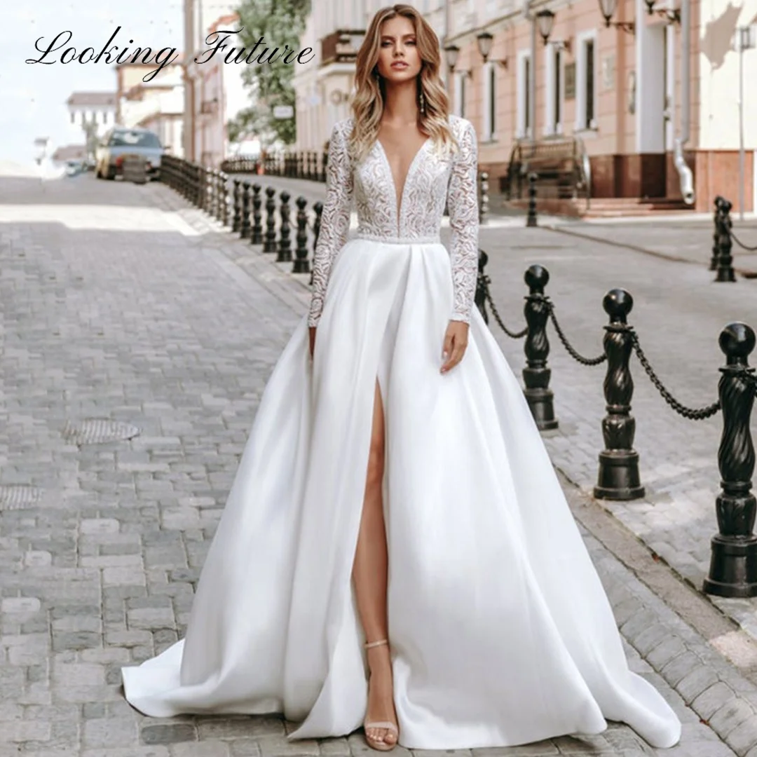 Boho Lace Satin Wedding Dresses For Woman Deeo V Neck Full Embroidery Sleeve Bridal Gowns Backless Button Robe de mariage 2024