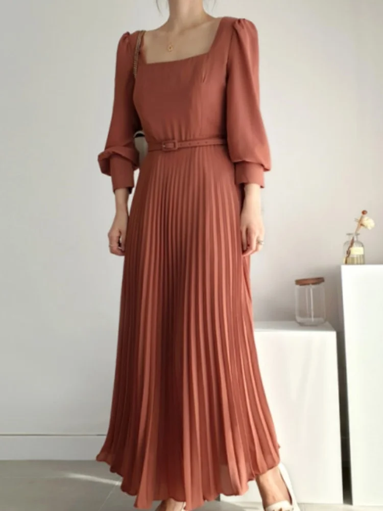 

Ele Autumn Long Pleated Dr Women's Chic Slimming Waist Lantern Sve Square Collar Gown with Belt Faionable