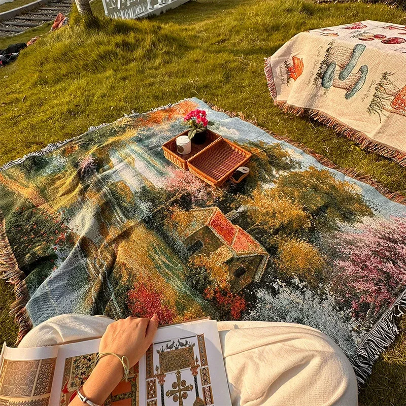 Nordic Landscape Sofa Cover Blanket Outdoor Camping Picnic Blankets Tapestry Home Decor Leisure Nap Blankets for Sofa Couch Bed