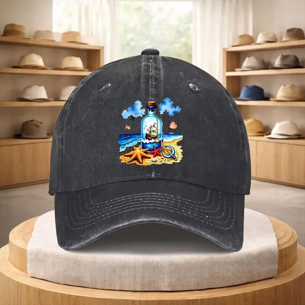 Ship in Bottle Print Washed Denim Baseball Cap Vintage Adjustable Street Style Hat for Unisex