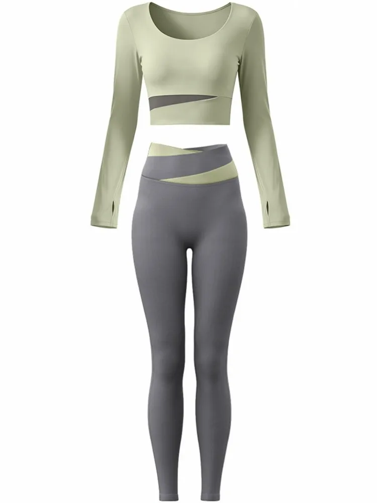 2 Piece Sets Women Quick-Dry Sports Set O-Neck Long Sleeve Top Pants Running Fitness Workout Athletic Wear Tracksuit Sportswear - view 5