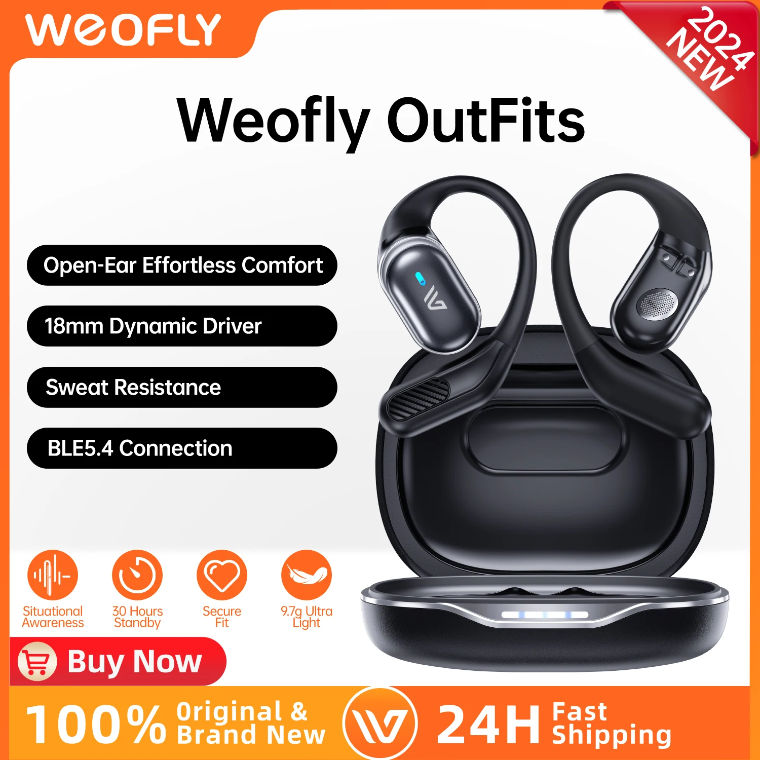 

Weofly OutFits Bluetooth 5.4 Наушники с открытыми наушниками ENC Беспроводные наушники-крючки 30 часов Выносливость Наушники с шумоподавлением Спортивная гарнитура