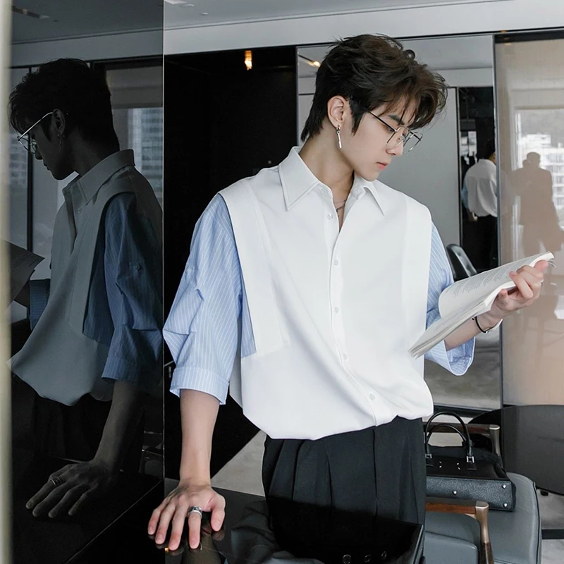 Summer Men Spliced Hit Color Striped Short Sleeve Shirt Korean Fashion Business Casual Blouse Tops Black White Banquet Interview