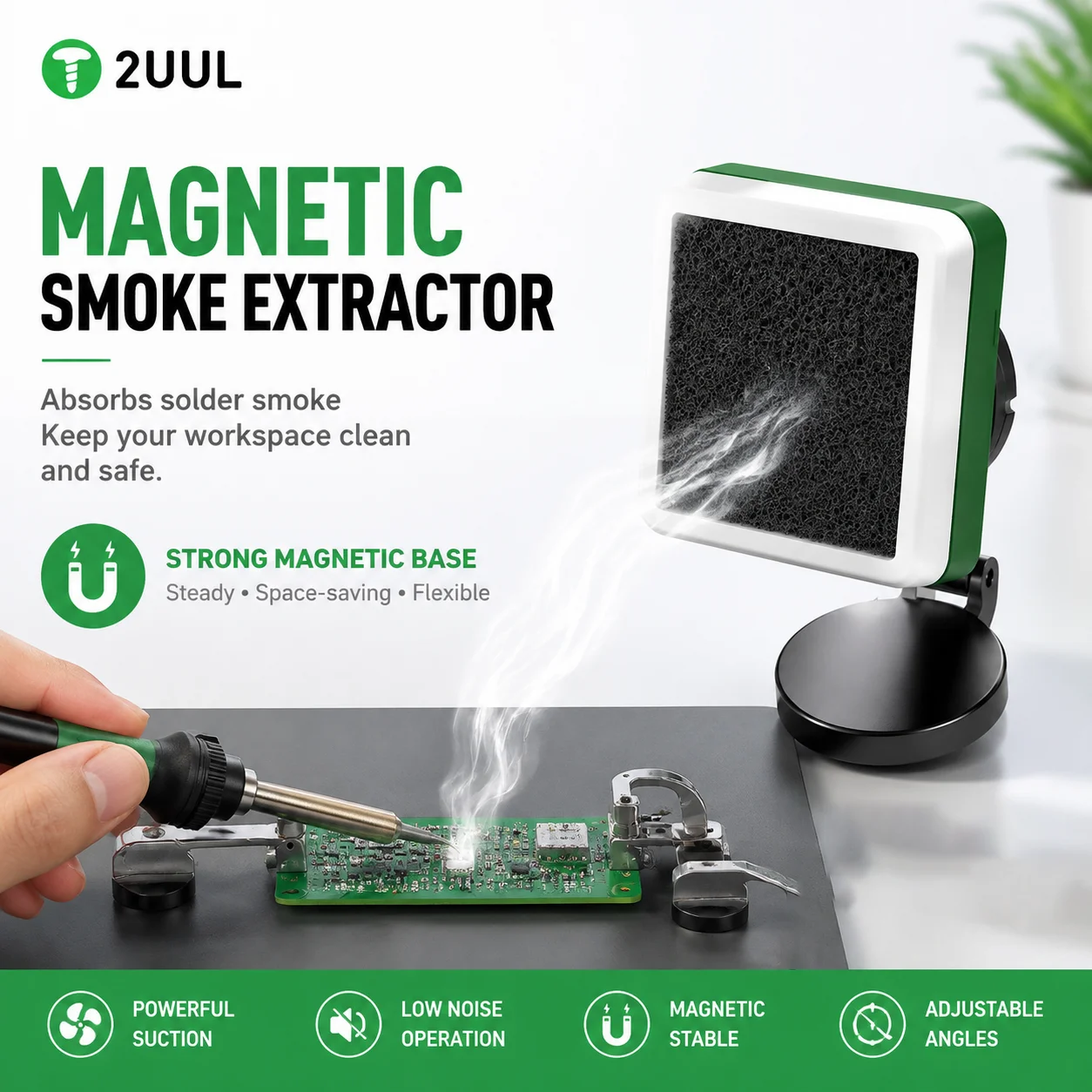 2UUL FE11 MagFan Magnetic Fume Extractor LED Lamp Smoke Absorber for Electronics Soldering Maintenance