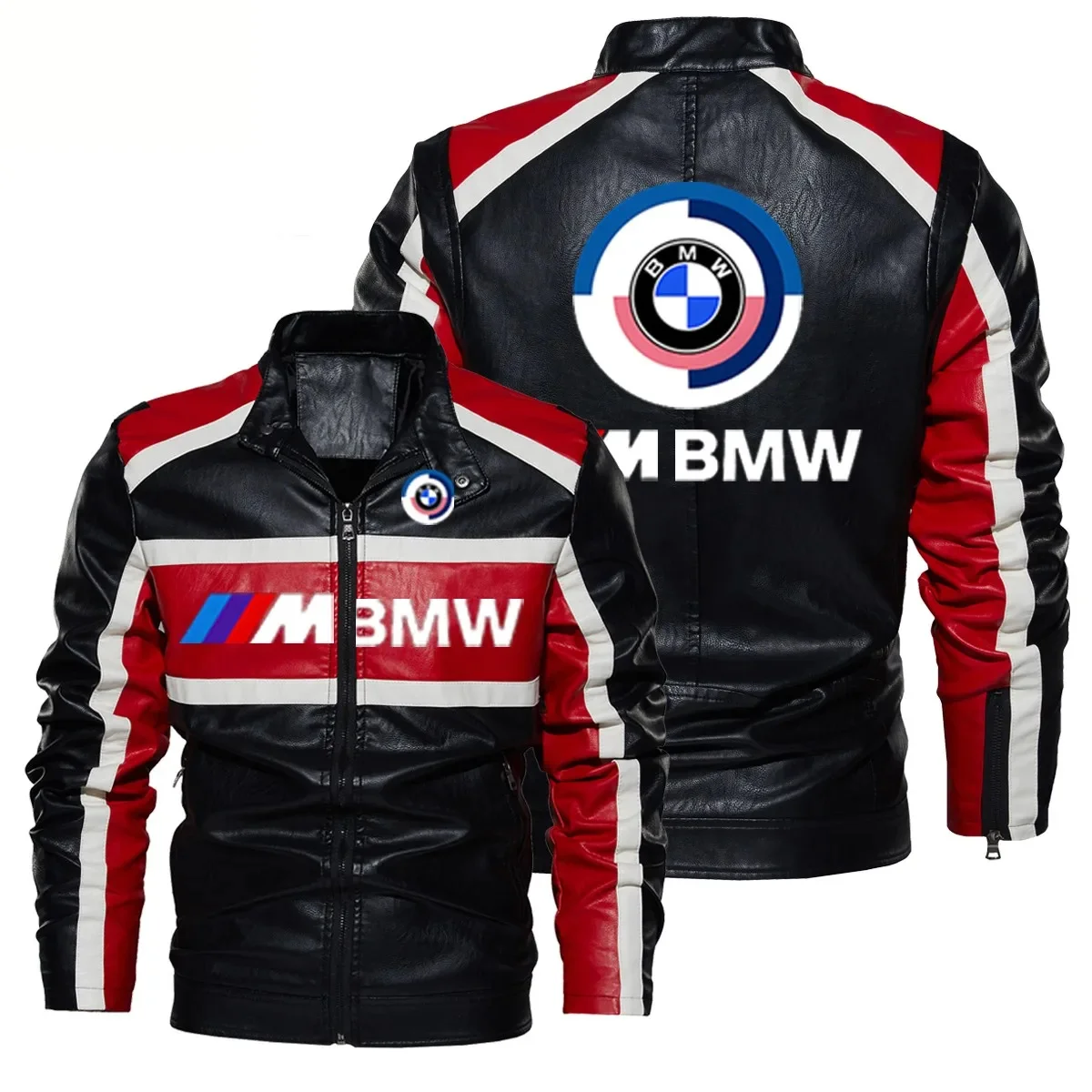 

2025 new BMW leather jacket with stand up collar zipper design, windproof motorcycle leather jacket, men's wear