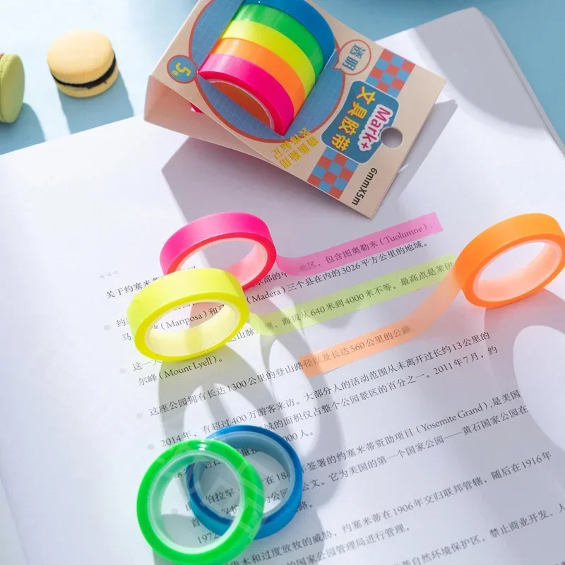 

5Roll 5M Fluorescent Color Translucent Tape Student Notebook Reading Key Word Sentences Highlight Tape Mark Decor Sticky Note