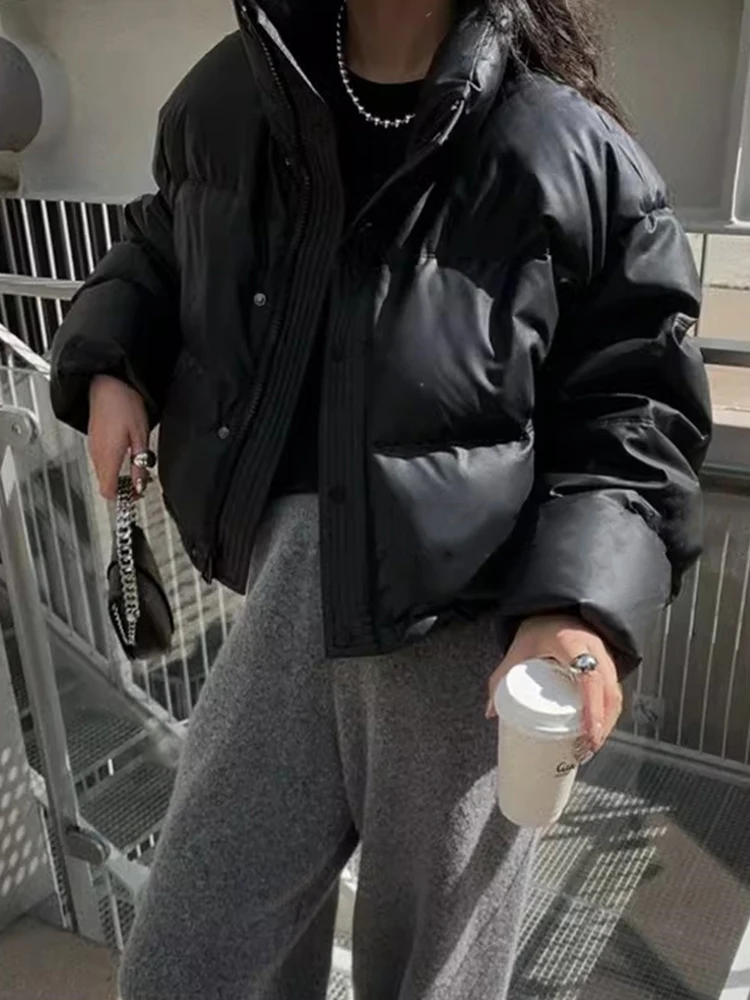 

Women's ort Thiened down Cotton Jaet Stand Collar Winter Outerwear Faionable Commute Sle Korean Version Zipper Closure