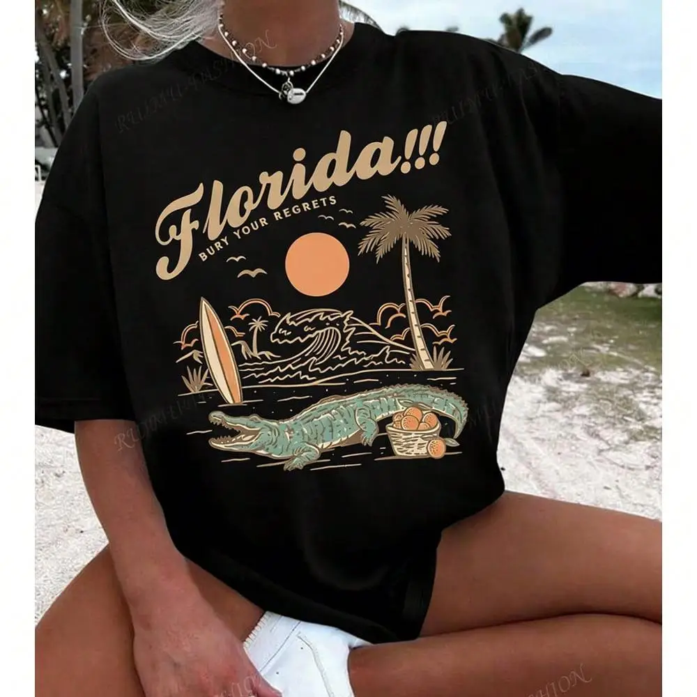 Florida Palm Tree Pattern T-Shirt - Women s Casual Vacation Short Sleeve T-Shirt, Palm Tree And Surfboard Graphic, Round Neck Short Sleeve Top, S