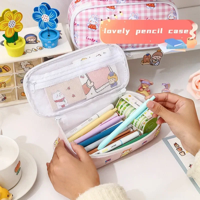 New Ins Koren Pencil Case Cute Cartoon Bear Bunny Pattern Pencil Pouch High Capacity Stationery Storage Bag Back To School