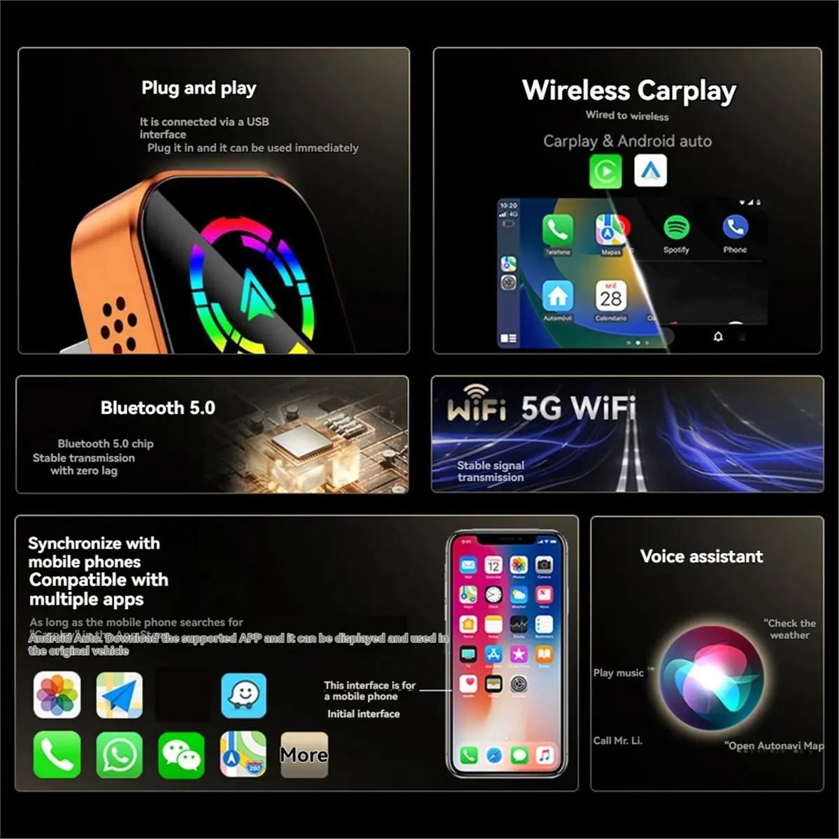 

Беспроводной адаптер ABSF 2-в-1 для CarPlay и Android Auto: Умный AI-бокс с Wi-Fi и Bluetooth, голосовое управление, преобразование проводного CarPlay в беспроводной