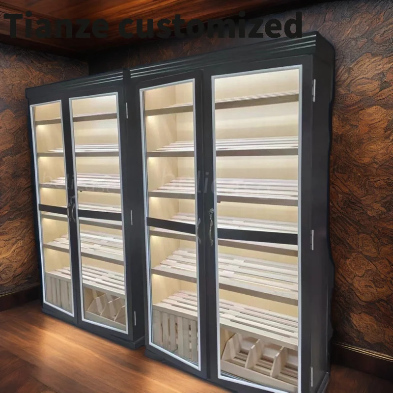 Customized-Smoke Shop Display Showcase Spanish Ceder Wood Humidifier Cabinets Large Double Glass Door Led Cigar Humidor Cabinet