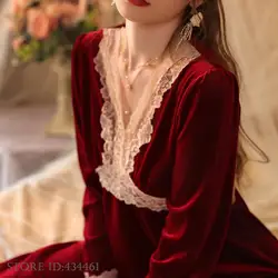 Burgundy Velvet Women Nightgown Sexy Lace Trim Nightdress Lingerie Autumn Winter New Sleepwear Home Clothing Loose Loungewear