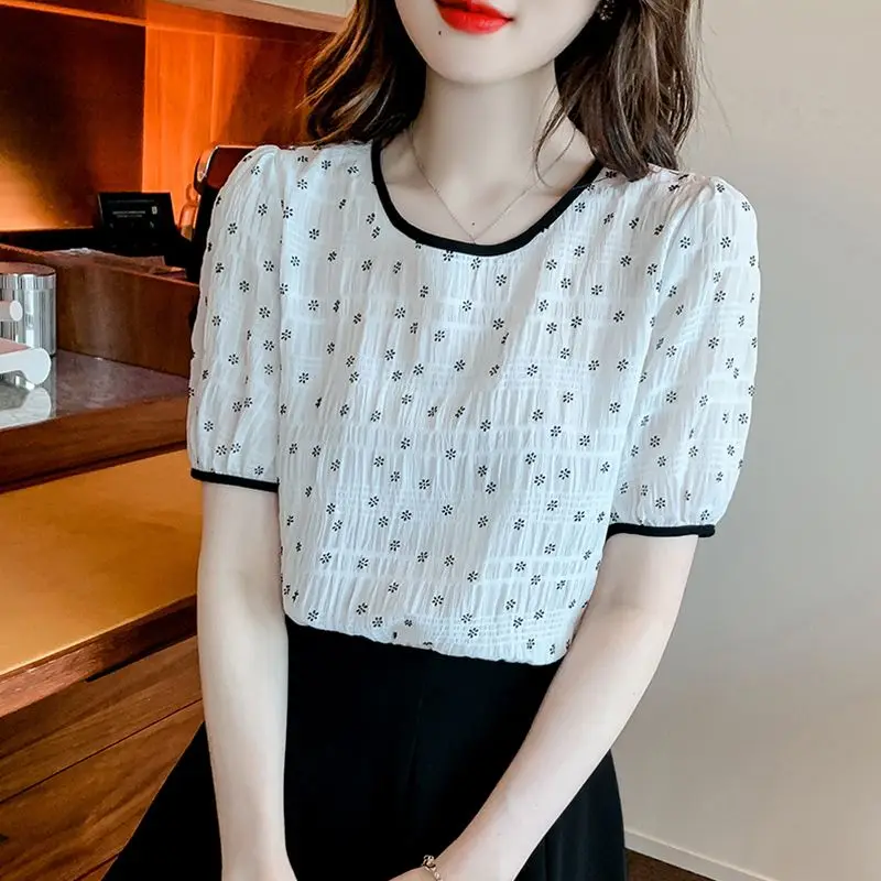 Women Print Sweet Simple Blouse 2023 Summer Trendy Round Neck Short Sleeve Shirt Comfortable All Match Chiffon Tops Blusas Mujer