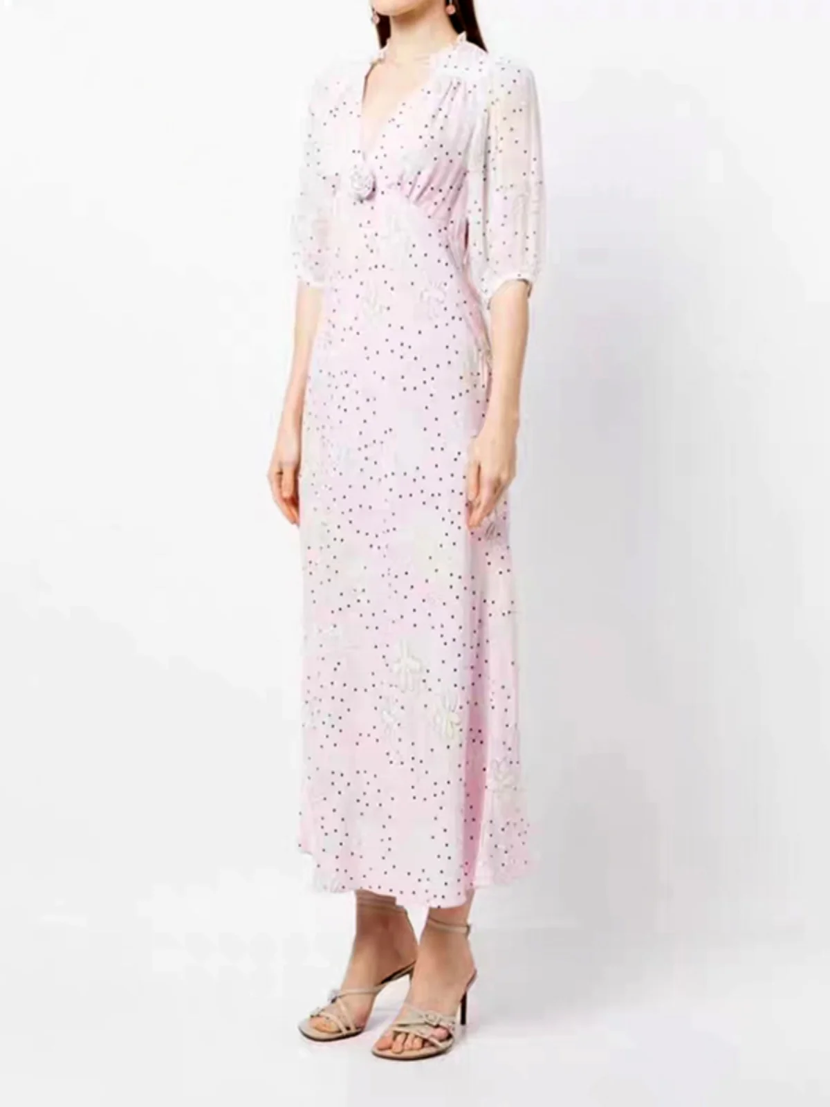 

Ele винтажное летнее длинное платье с высокой талией Dr с 3D цветами и v-образным вырезом для поездок на работу, хлопковая молния с талией H-Sle