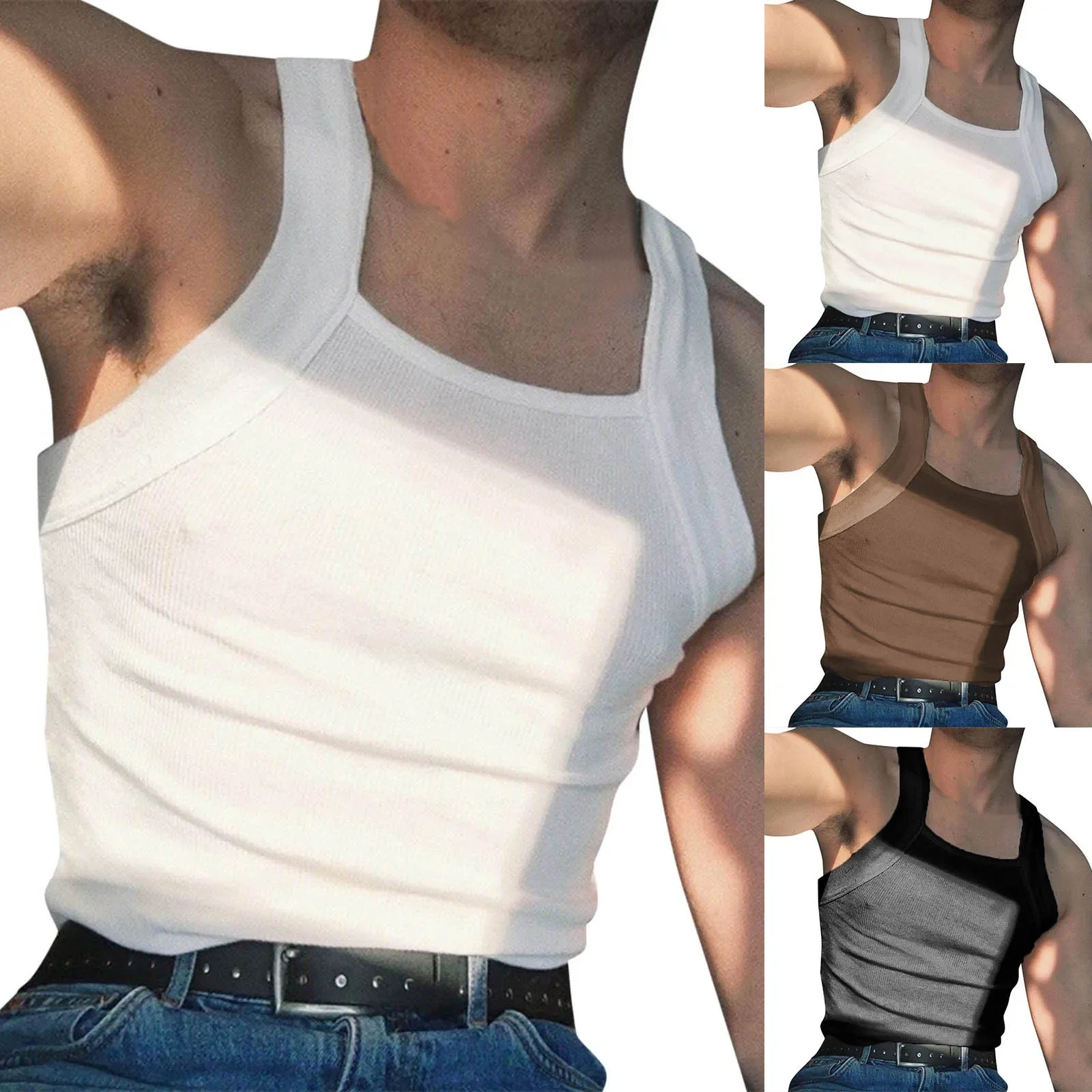 Mens Tops Summer New Fashion Sleeveless Square Neck Spliced I-shaped Tank Top One Shoulder Hanger Mens Tank Top