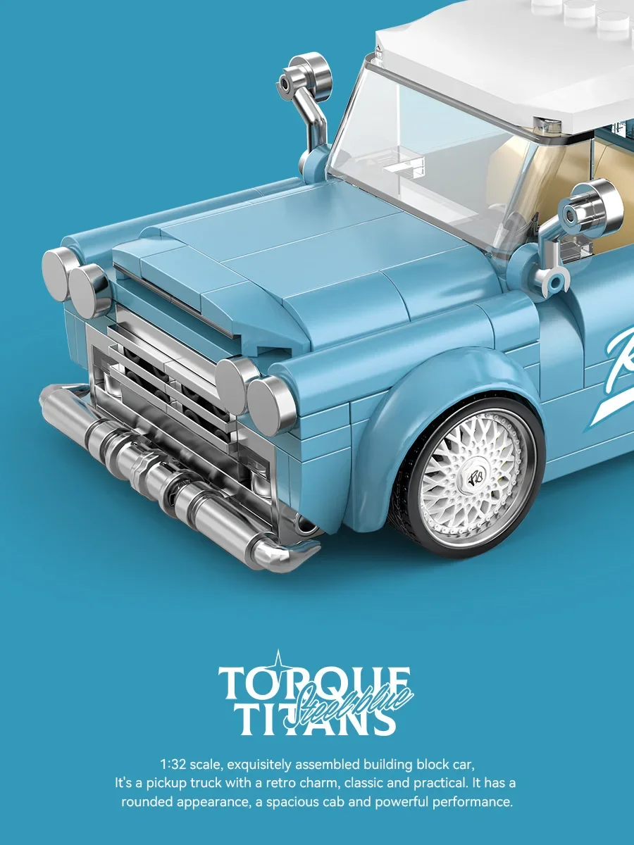 Retro fora de estrada captador carro moc blocos de construção caminhões azuis 324 pçs montagem com caixa de exibição ornamento brinquedos modelo tijolos presente