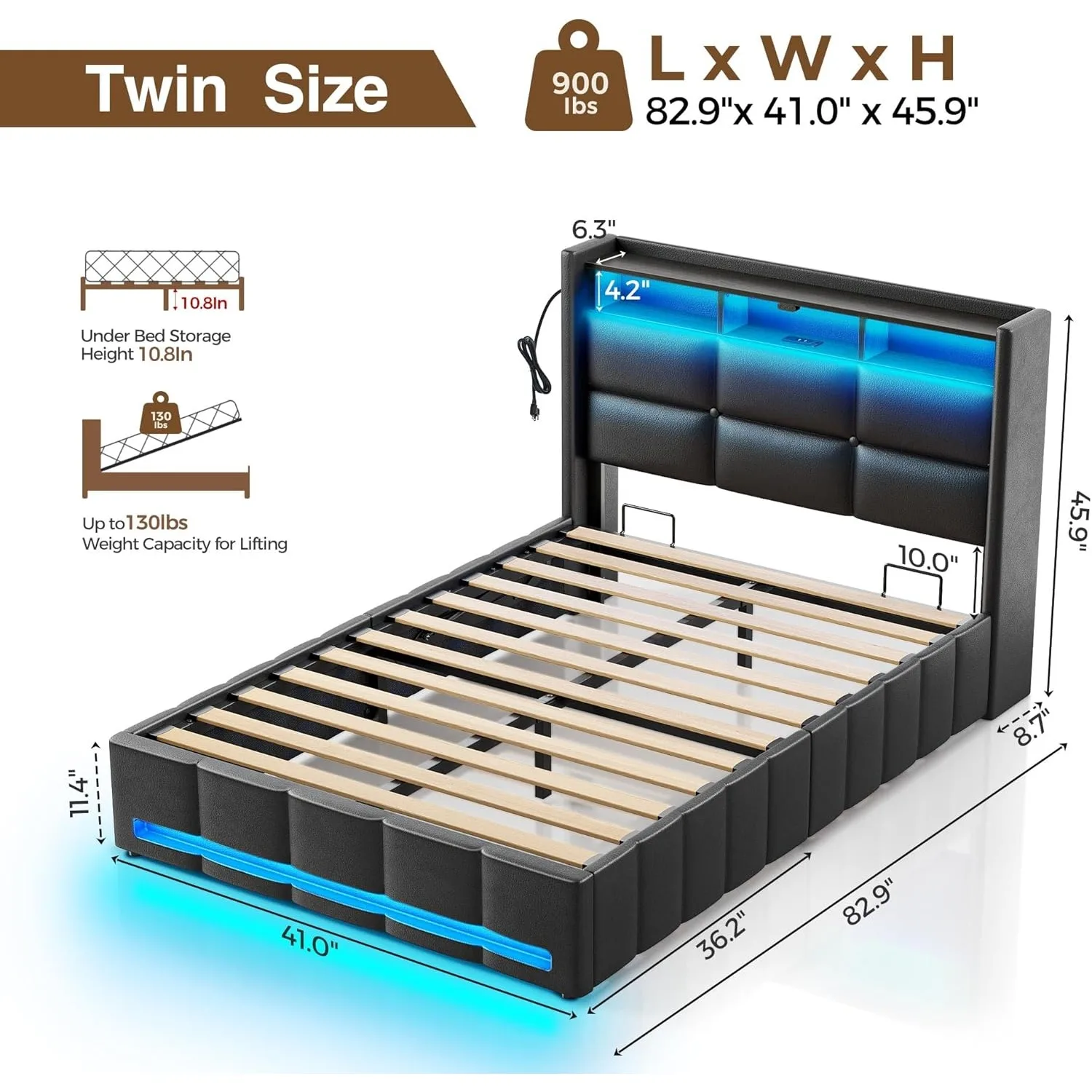 Bed Frame Twin Size with Lift Up Storage, Charging Station & LED Lights, Upholstered Storage Headboard, Heavy Duty Wooden Slats