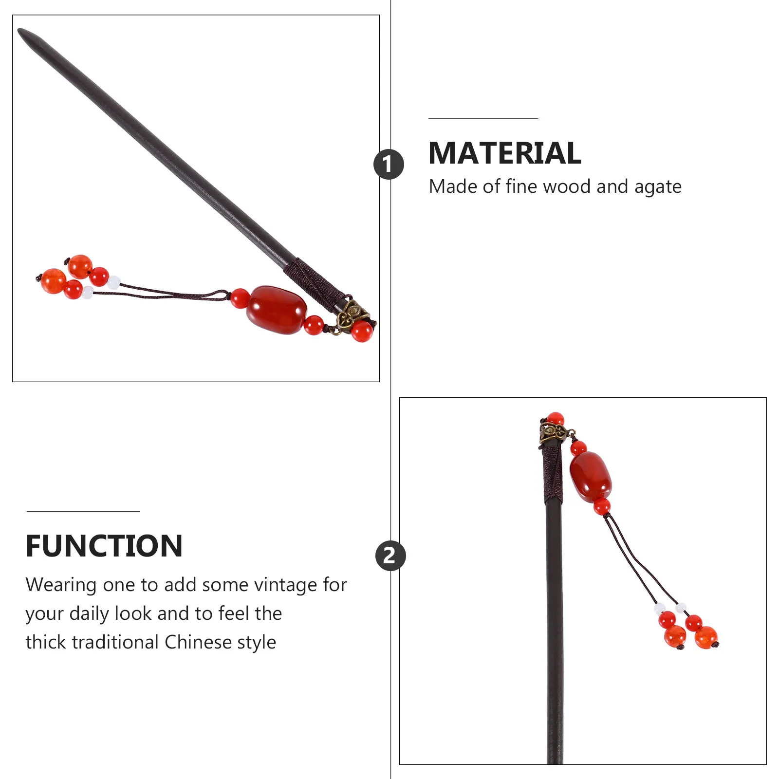 

1pc Stylish Hairpin Vintage Wooden Chinese Retro Headdress Creative Decoration Agate Handmade Traditional Festival Wear