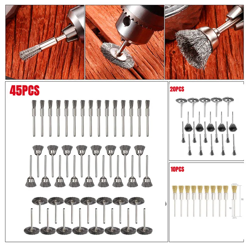 Polishing Wheel Brush 10pcs 45pcs 2.35/3mm Shank Steel Wire Brushes Set Rotary Tools Mini Drill Deburring Buffing Cleaning Brush