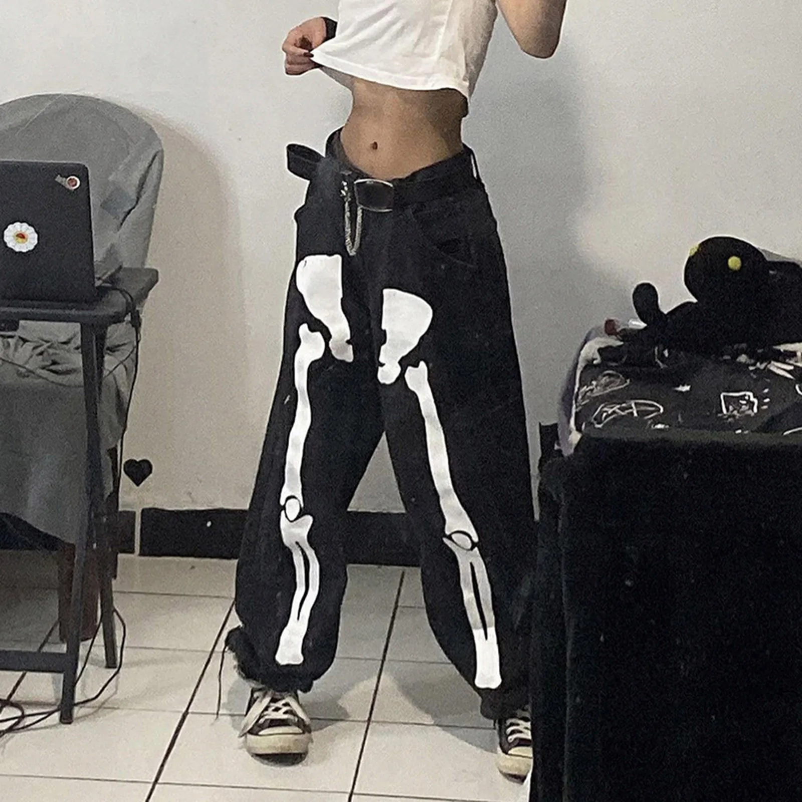 

Skull Print Pants for Women High Waist Straight Leg Slouchy Jeans y2k Streetwear Trousers 2024 Summer Fashion