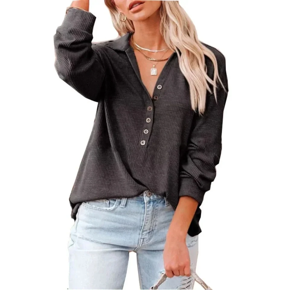 

Long Sleeve Top Women's Button Polo Shirt, Monochromatic, Elegant, Style, New, 2025