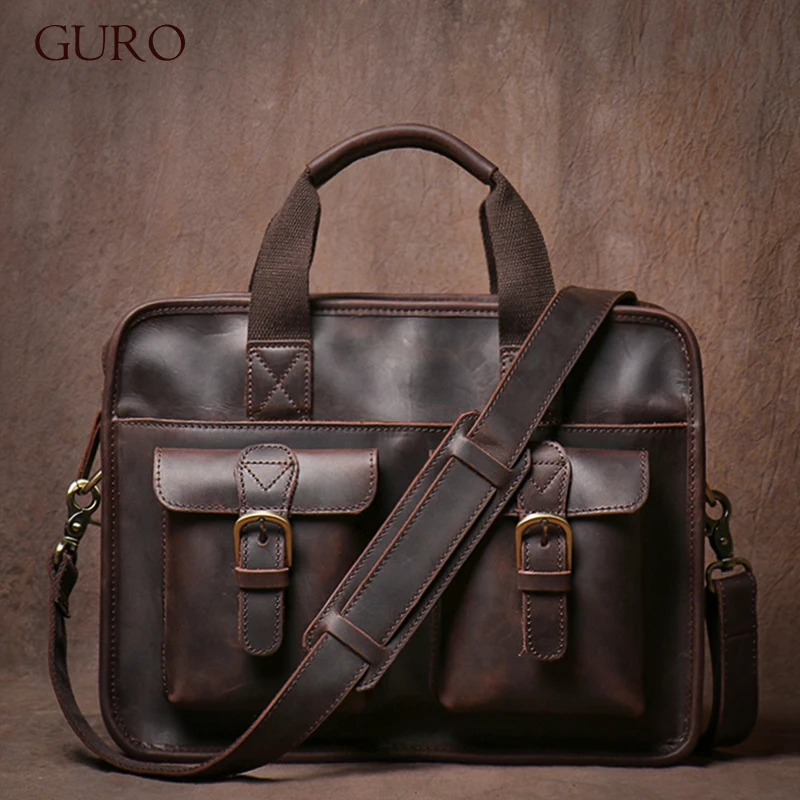 GURO Vintage Wild Handbag Male Genuine Leather Business Briefcase Original Cowhide Shoulder Messenger Bag A4 File 14″ Laptop Bag