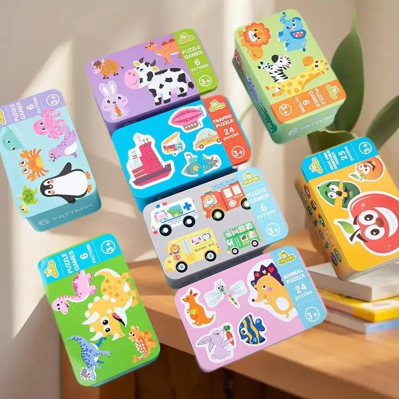 

Montessori Kids Educational Toy - 6-in-1 Wooden Cartoon Car Animal Puzzle in Iron Box, Ideal for Learning