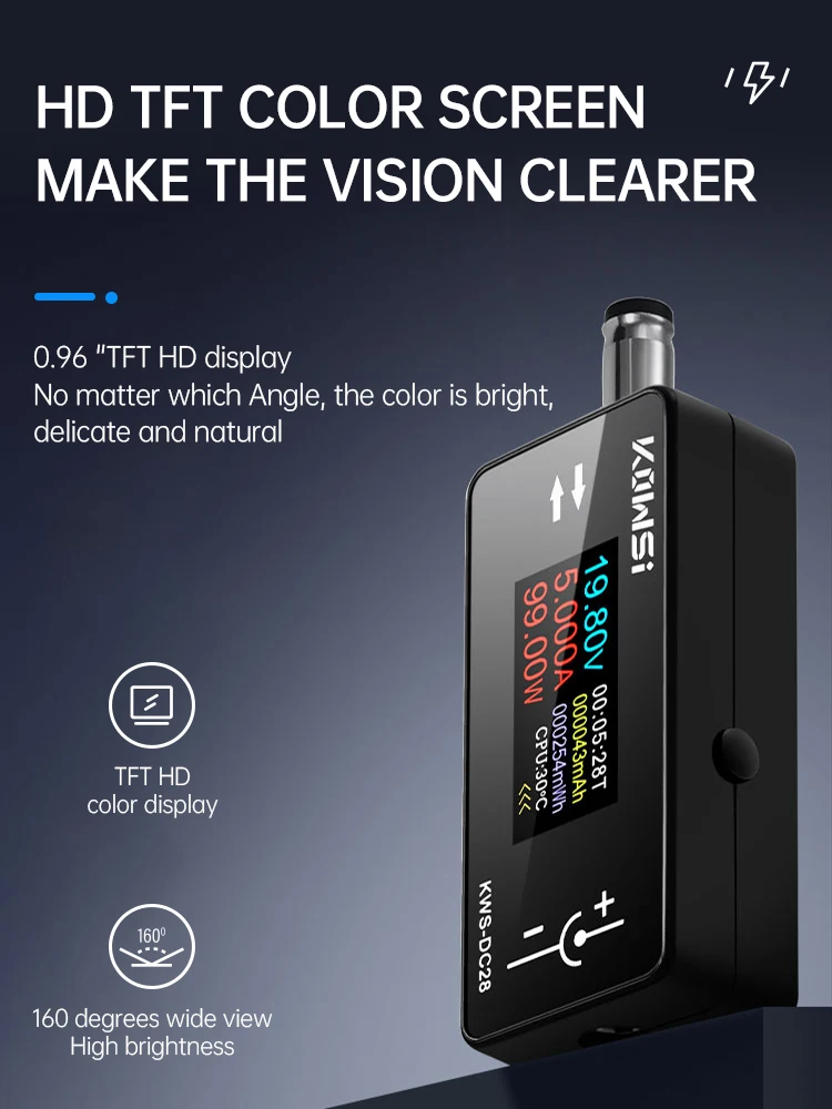KWS-DC28 0.96 pouces TFT HD affichage numérique voltmètre cc compteur de puissance téléphone portable testeur de charge détecteur électricien outil