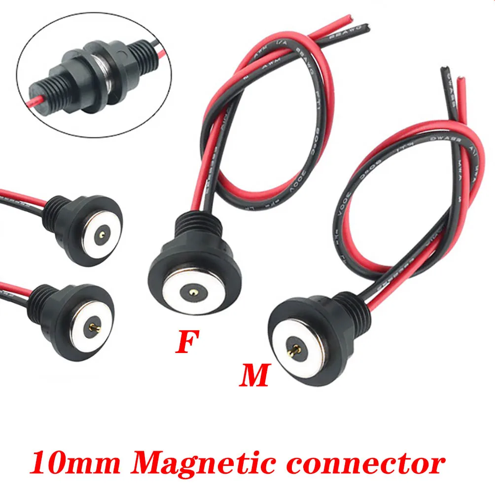 10mm 2A Magnetic Circular PogoPin Connector  Male Female Metal Spring Loaded 1 Pin DC Power Charger 22AWG Wire M12 Threaded