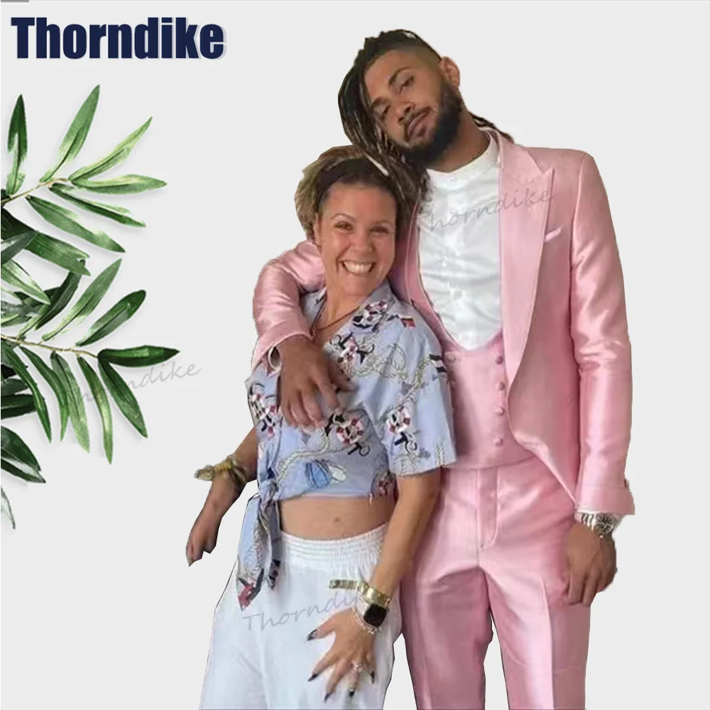 

Thorndike Boyfriend Suit For Wedding Satin Pink Men Suits 3 Pieces Peak Lapel Blazer Sets Tuxedos Prom Suit ( Jacket+Pants+Vest)