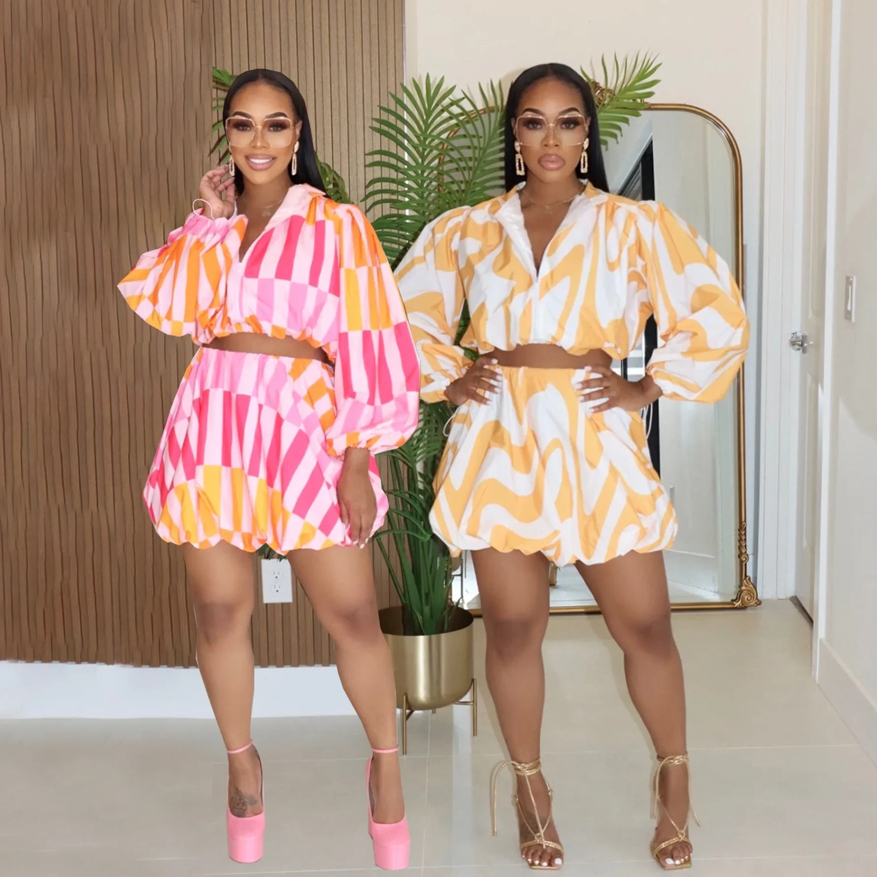 

2025 Women's Long Sleeve V-Neck Top Casual Zipper Loose Slim Cute Puff Sleeve Suit Skirt Two piece Set Wholesale Dropshipping