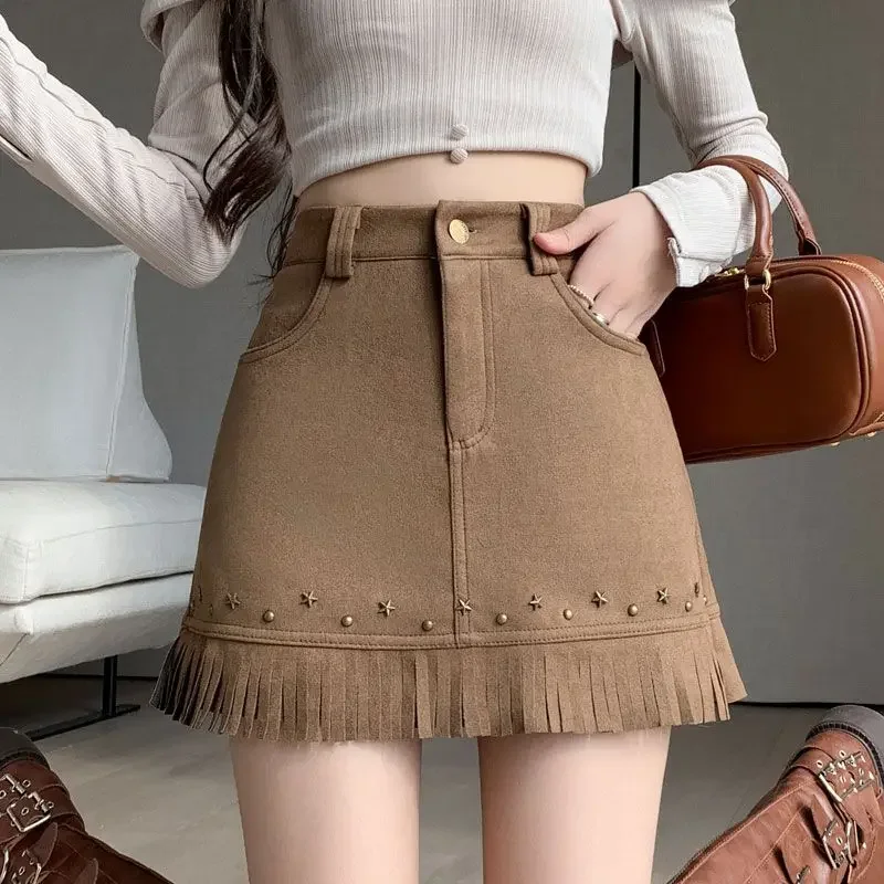 

Sweet Fashion Autumn New Deer Skin Velvet Women Solid Tassel Zipper Pockets Patchwork Chic High Waist Slim A-line Hip Wrap Skirt