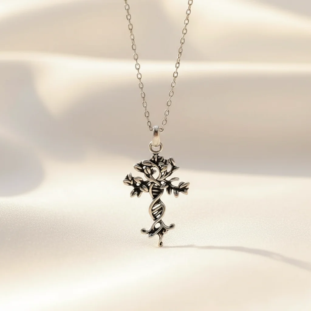 DNA Tree of Life necklace  vintage silver DNA cross necklace that integrates the code of life and faith totems gift for  woman