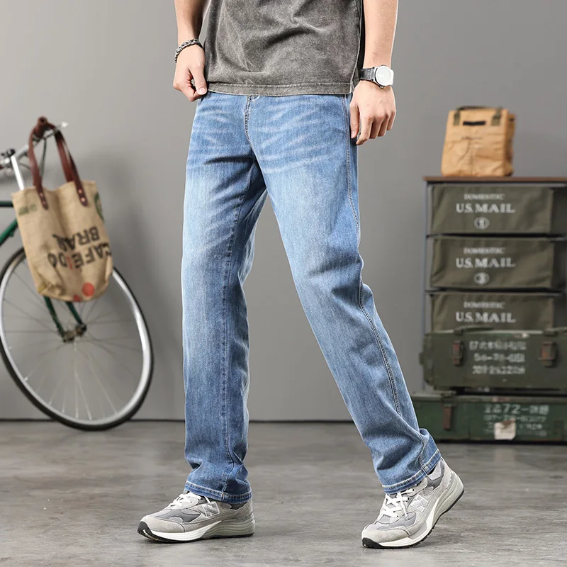 

Summer new style Light Blue Stretch Men's Jeans Thin straight leg loose fashionable men's jeans Large size 42 44