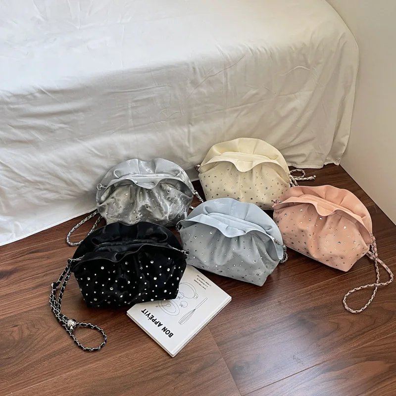 

2025 New Diamond Rhinestone Crossbody Bag, Summer Fashion Wrinkle Texture Chain Shoulder Handbag for Women, Small Chic Purse