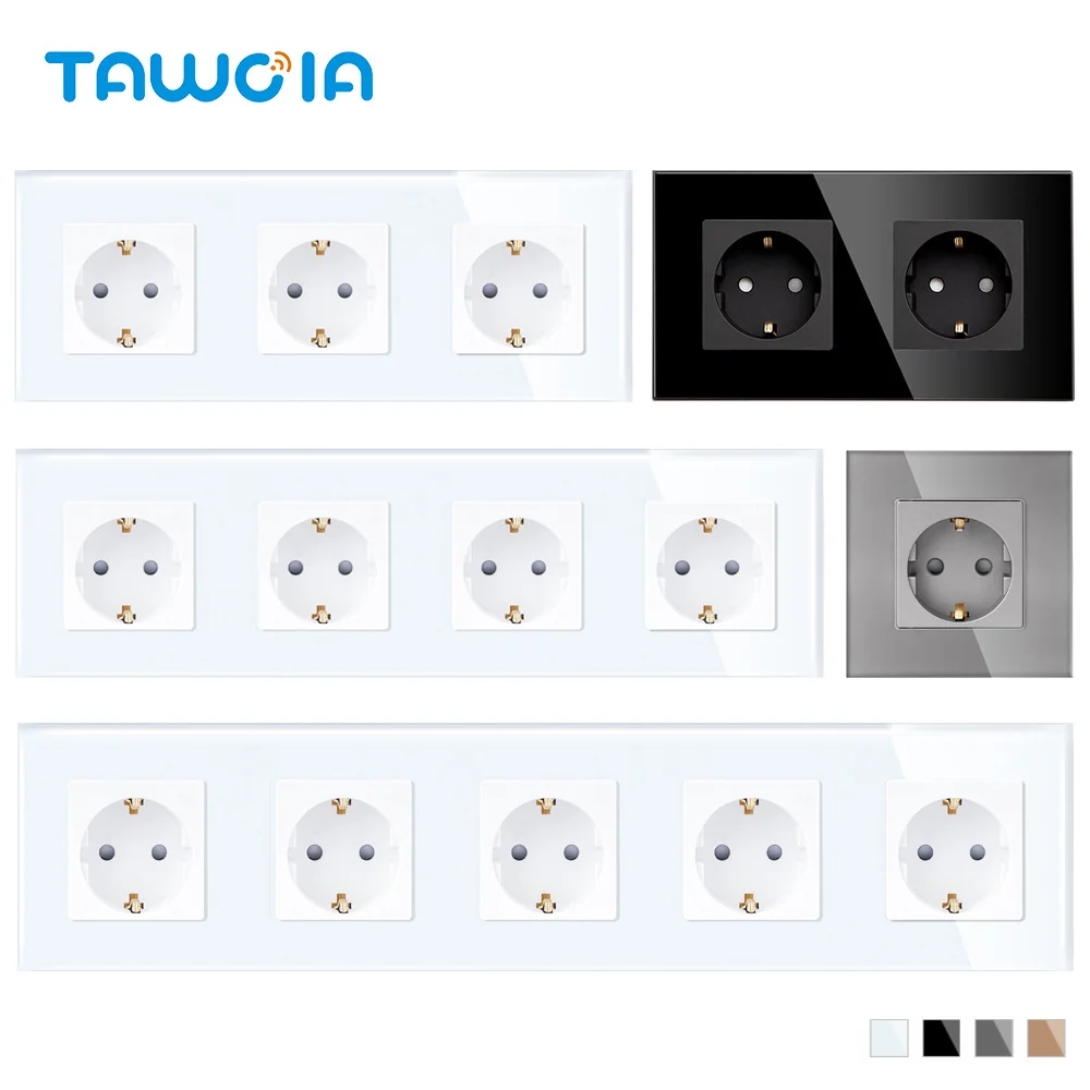 TAWOIA EU Standard Single Wall Socket Double Glass Sockets Triple Power Sockets Electrical Outlet For Home Office Bedroom 16A