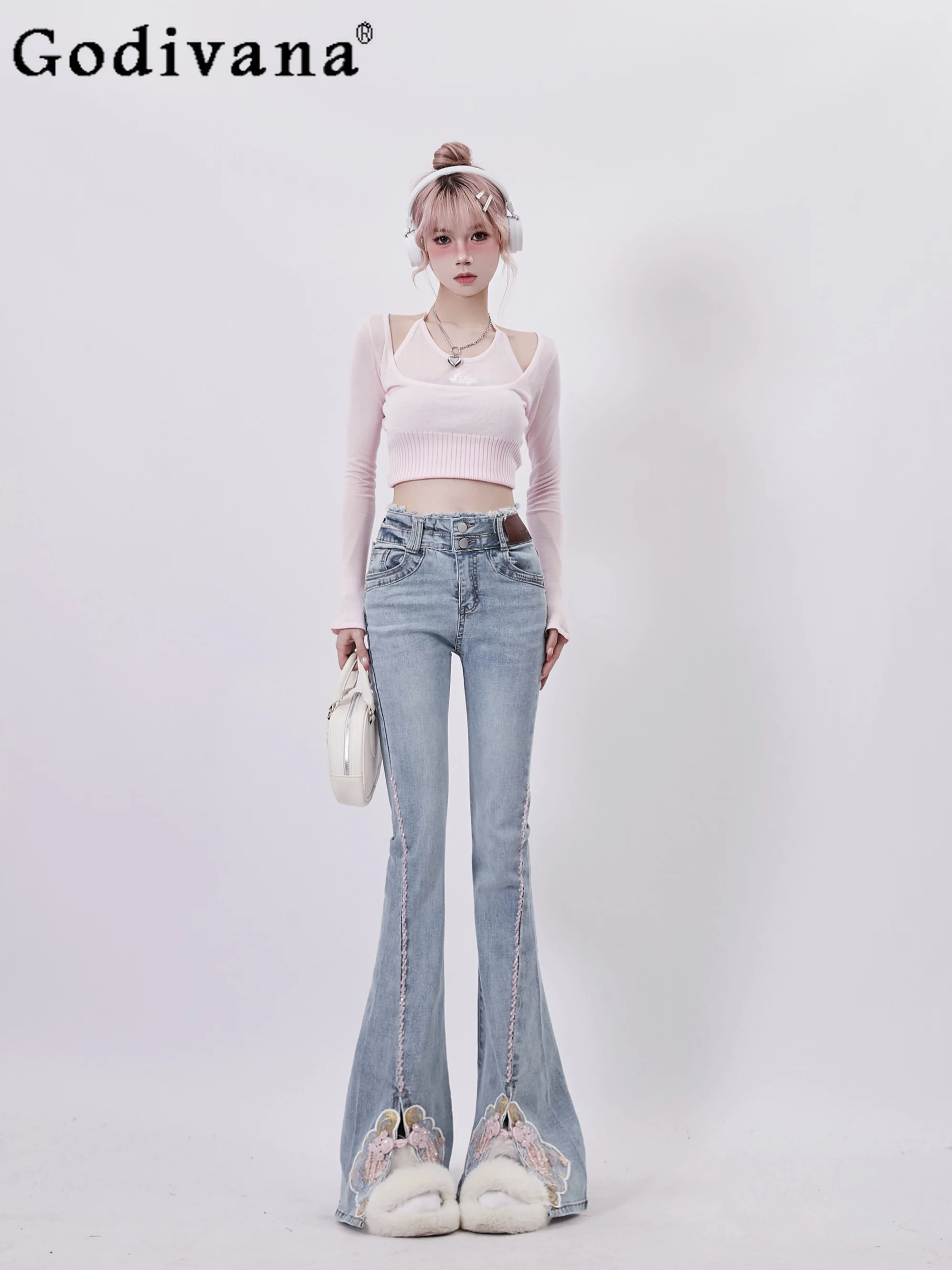 Blue Elegant Jeans Women 2024 Spring Autumn Fashion Retro Embroidery High Waist Slim Flare Pants Sweet Cute Student Mop Pants