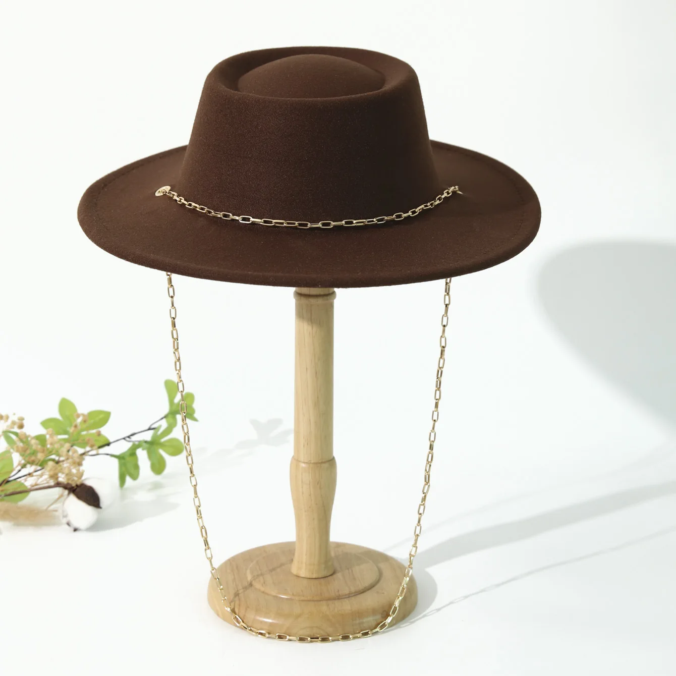 French Wide Brim Fedora Hat Concave Crown With Golden Chain & Ring Decor Women Autumn Winter Fashion Elegant Headwear