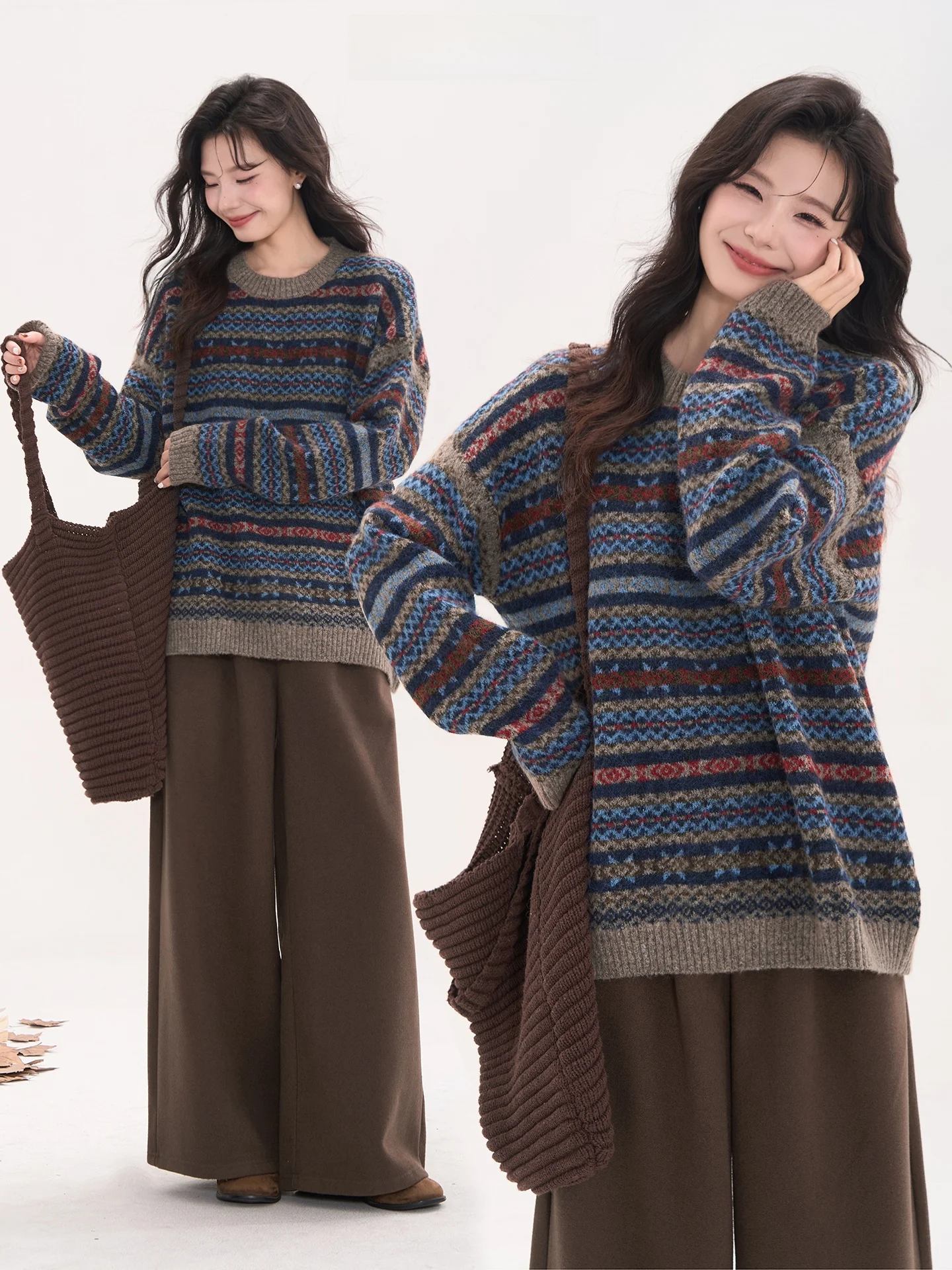 

Вязаный шерстяной свитер Heme 5 для женщин, средней длины, с круглым вырезом, теплый, осенне-зимний, в этническом стиле, с бахромой, в полоску