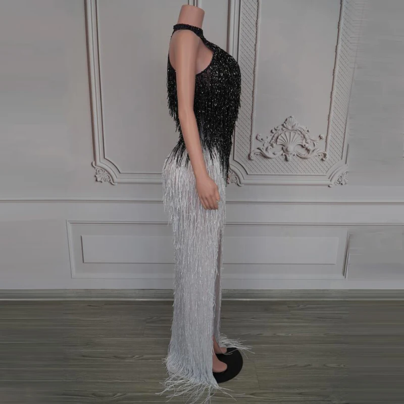 Vestido blanco y negro con flecos degradados para mujer, traje de Festival para Bar y Club nocturno, vestidos de noche para cantante, ropa de pasarela para escenario XS10223