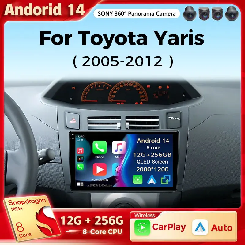 Автомобильный радиоприемник Android 14, мультимедийный плеер для Toyota Yaris 2005-2012, беспроводной автомобильный Carplay Qualcomm 4G DSP 48EQ 2 Din BT 12 + 256G