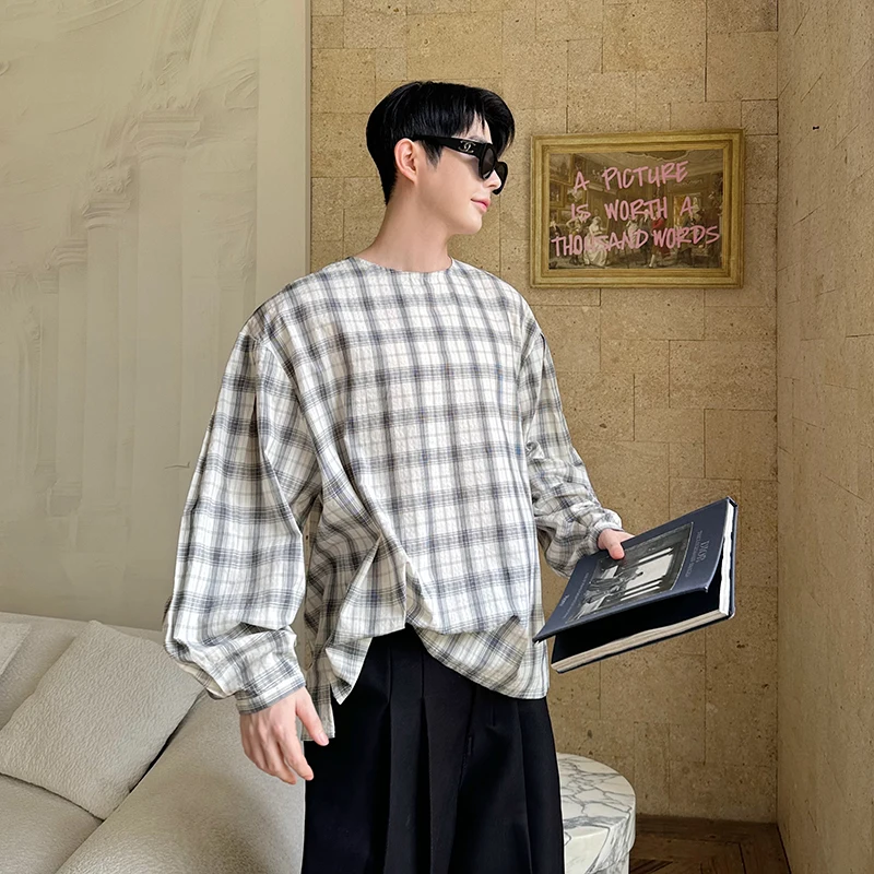 

Loose Fit Plaid irt Men's Autumn Design Casual Sle Long Sve Breathable Cotton No Collar Korean Sle Faionable irt