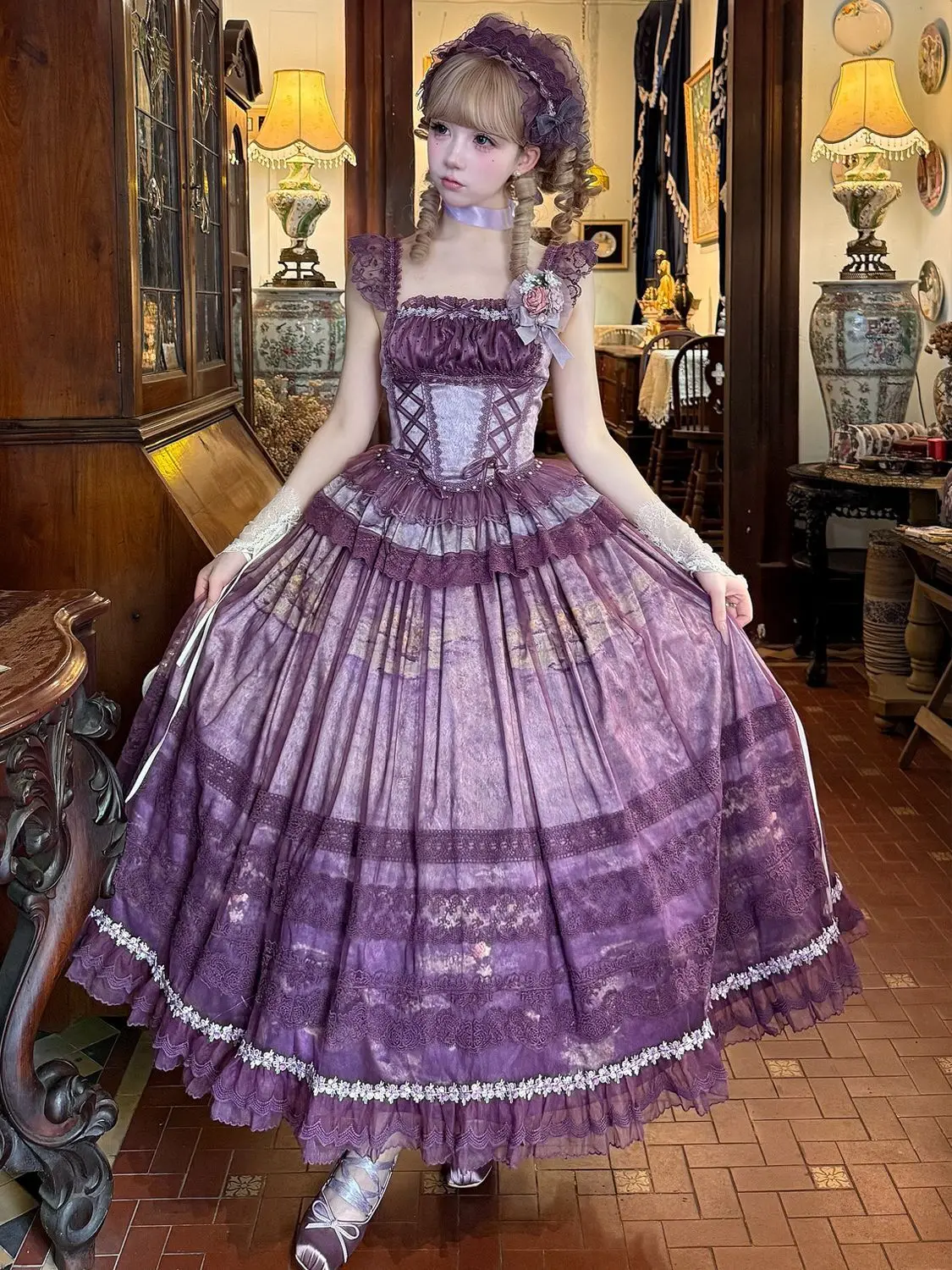 

Lolita Princess Elegant Top And Skirt Sk Purple Green Lace Manor Halter Top "Pastoral Style" Costume Birthday Present