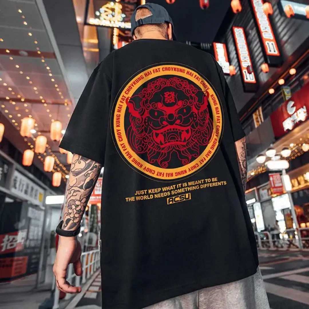 T-shirt da uomo moda sciolto oversize cinese lion dance elements Street Harajuku top Tees abbigliamento maschile stampato di alta qualità