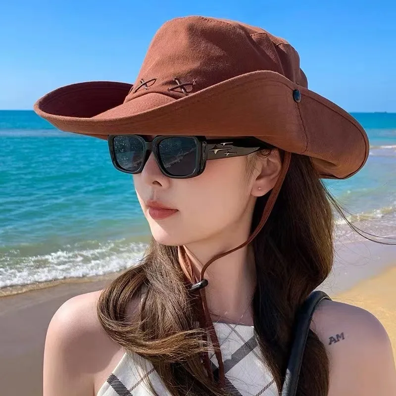 Women\'s Retro Bucket Hat 10cm Wide Brim Cowboy Fisherman Cap Sunscreen Summer Outdoor Fishing Hiking Windproof Bob