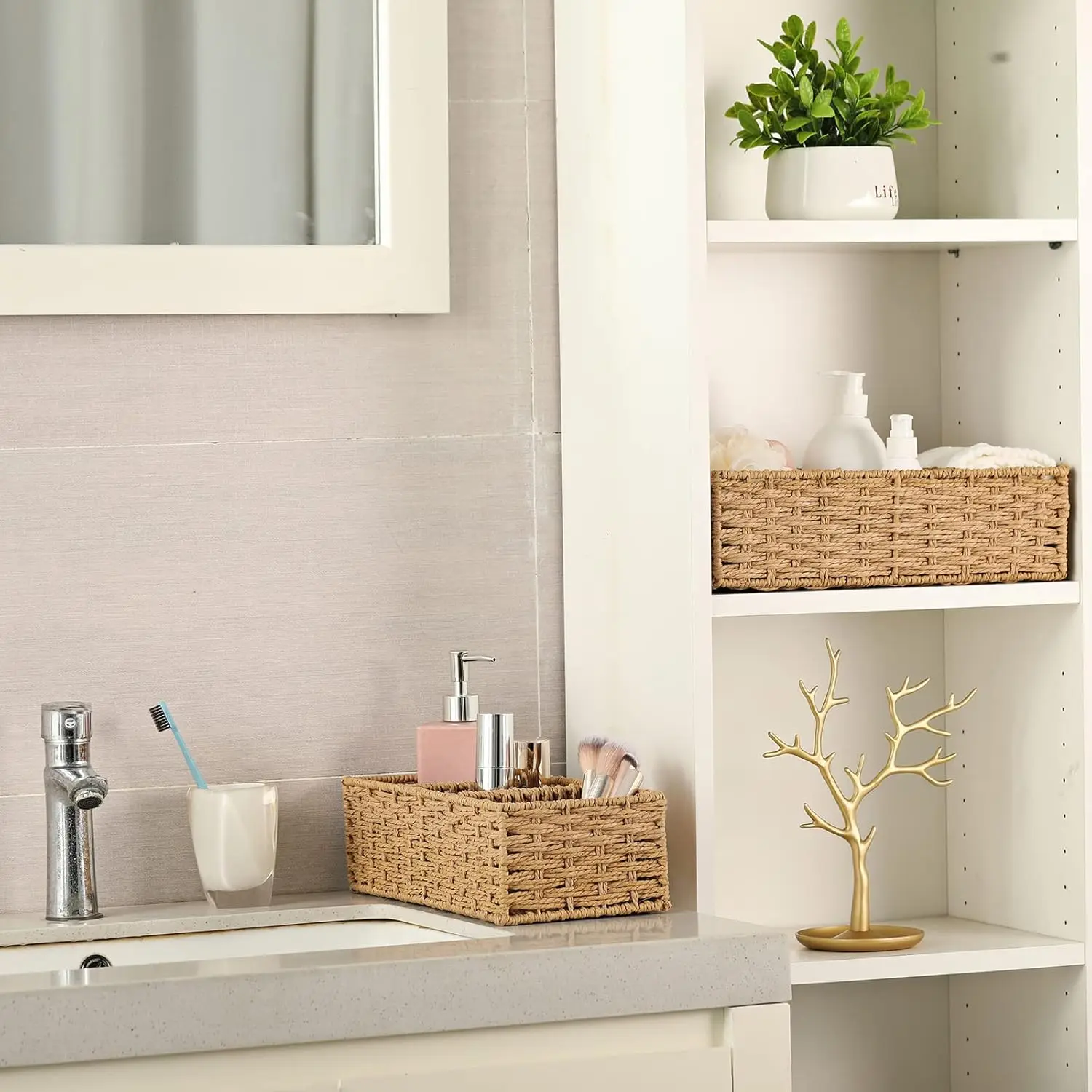 3-قسم سلال خوص للأرفف المنسوجة يدويا ورقة مستديرة حبل الخوص سلة التخزين سلة ورق المرحاض للتنظيم