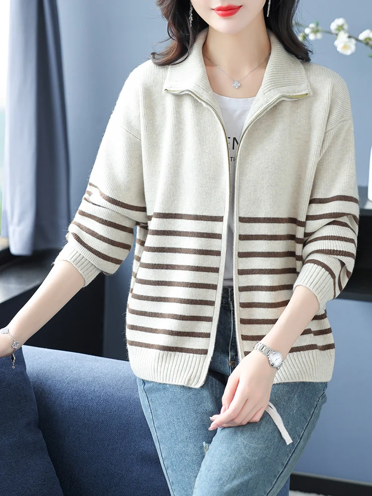 

Stripe Cardigan Sweater Women Spring Autumn Women Clothing Long Sleeve Sweater Zipper Knitwear Cardigans