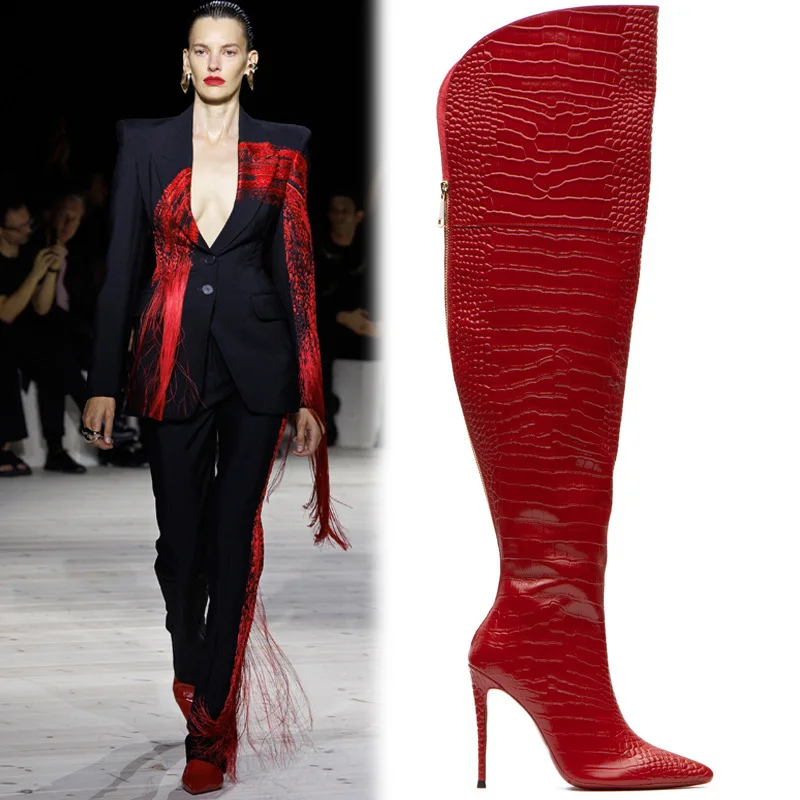 

Crocodile Print Pointed Toe High Heel Sexy Boots Curved-Leg Over-The-Knee Femininas Large Sizes Simple Stiletto Botas Botines