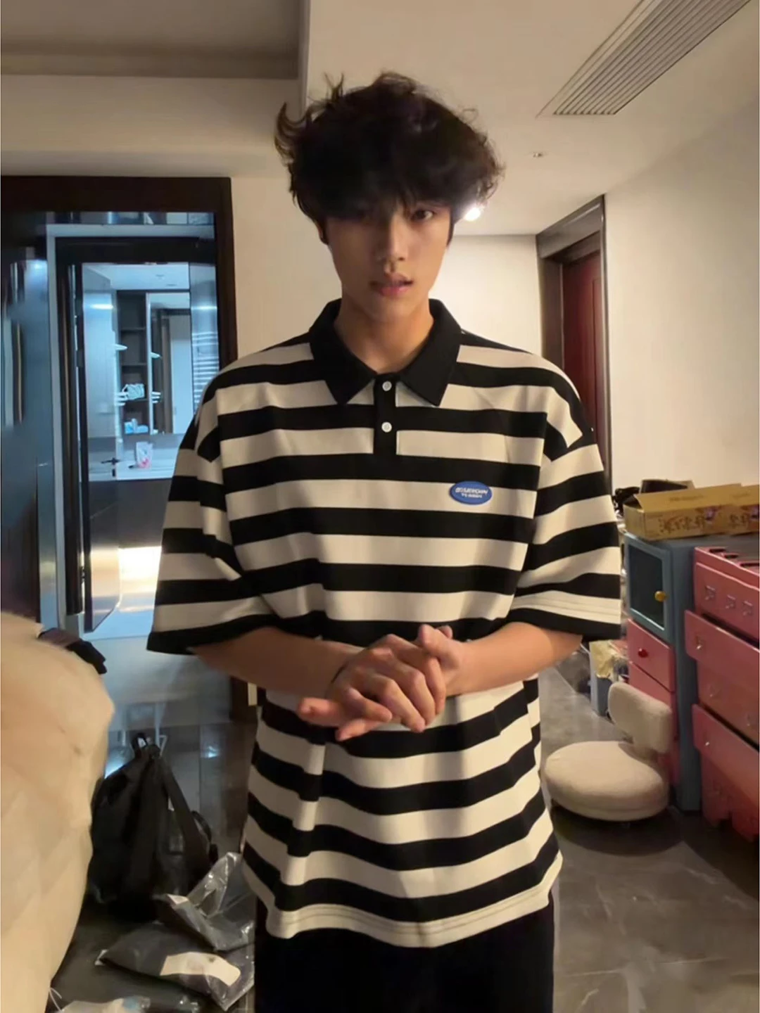 

Youthful Henry Collar ort Sve T-irt Men's Spring Summer American Bla White Stripes Skin-Fit Five-Arm Cotton Casual Wear